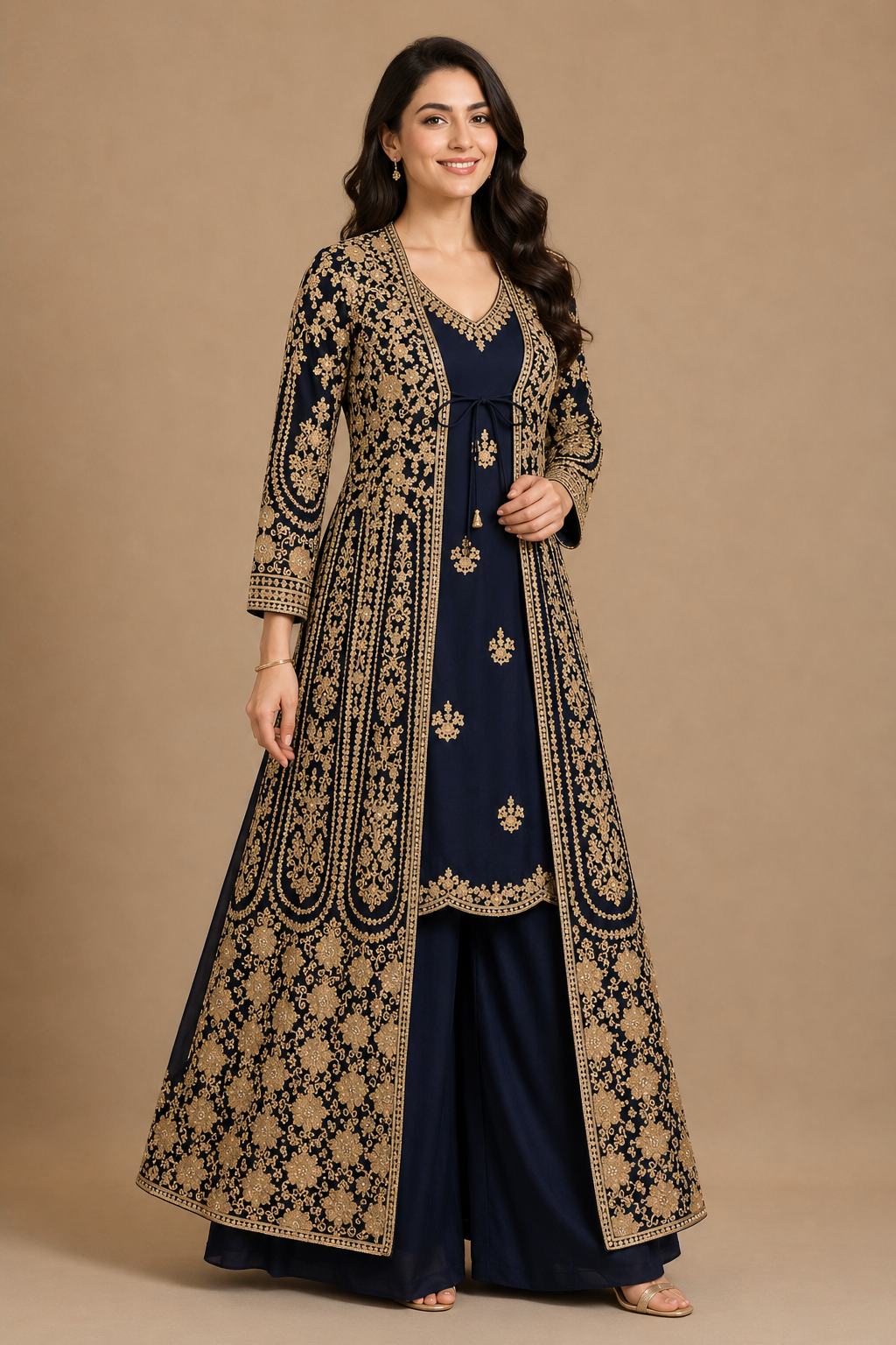 Women's Navy Embroidered Jacket,Palazzo Set