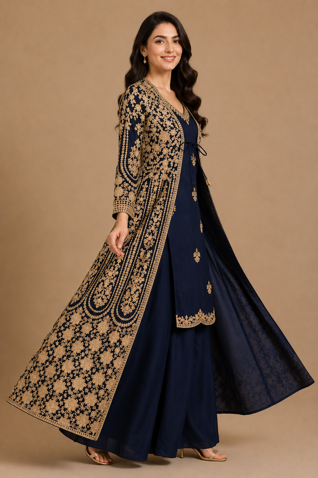 Women's Navy Embroidered Jacket,Palazzo Set