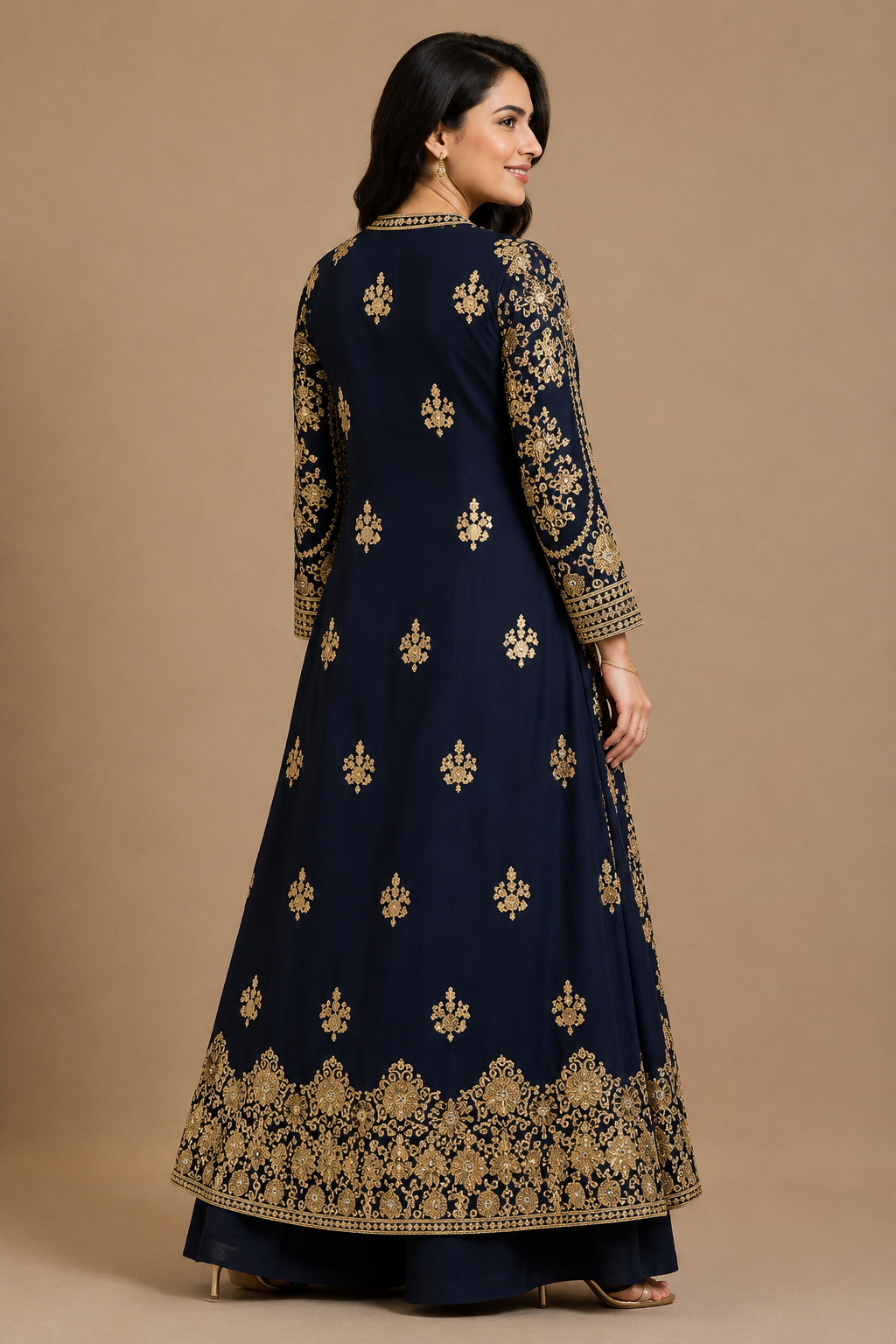 Women's Navy Embroidered Jacket,Palazzo Set