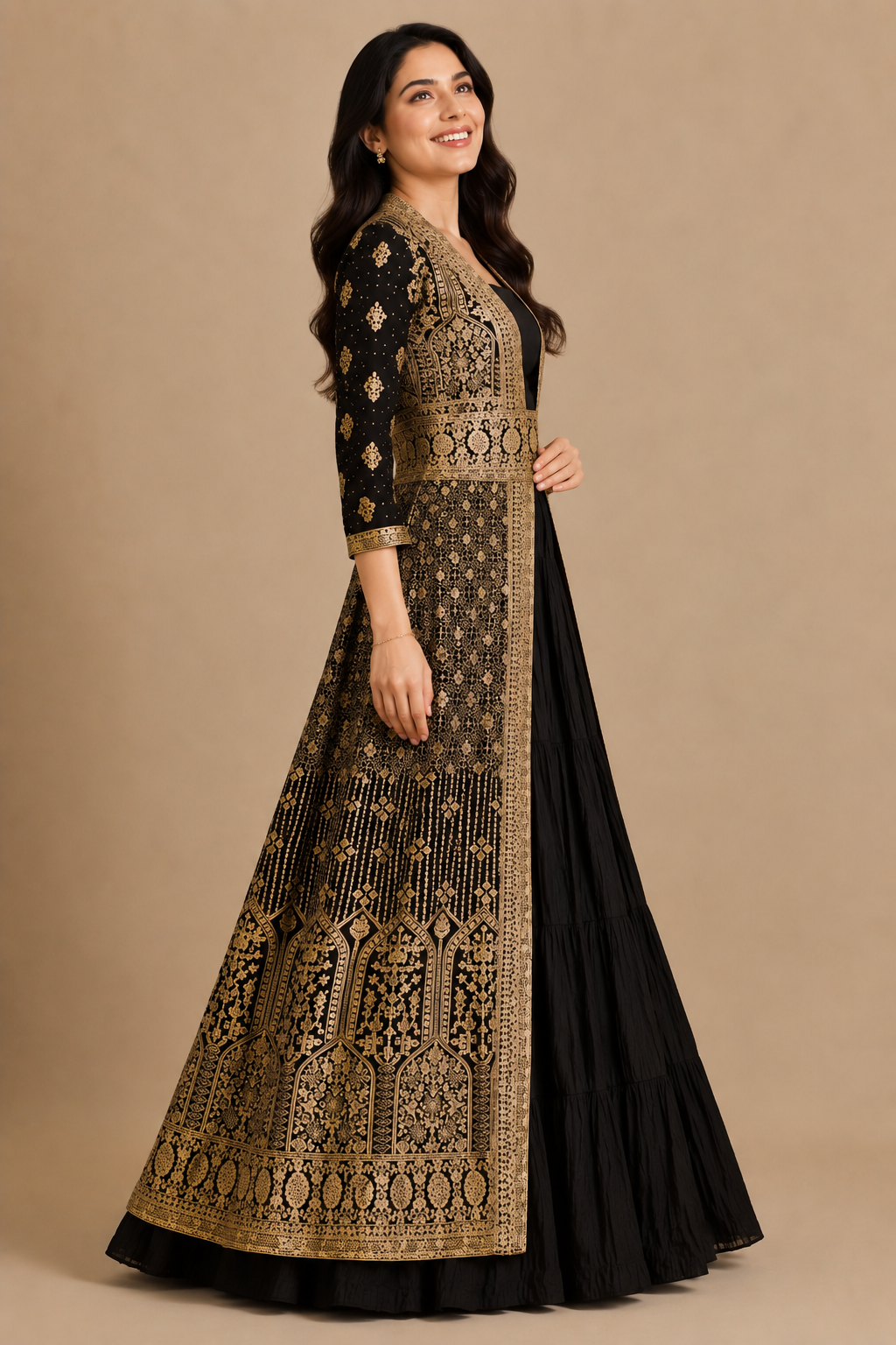 Women's Black Zari and Sequins Embroidered Anarkali Gown with Jacket