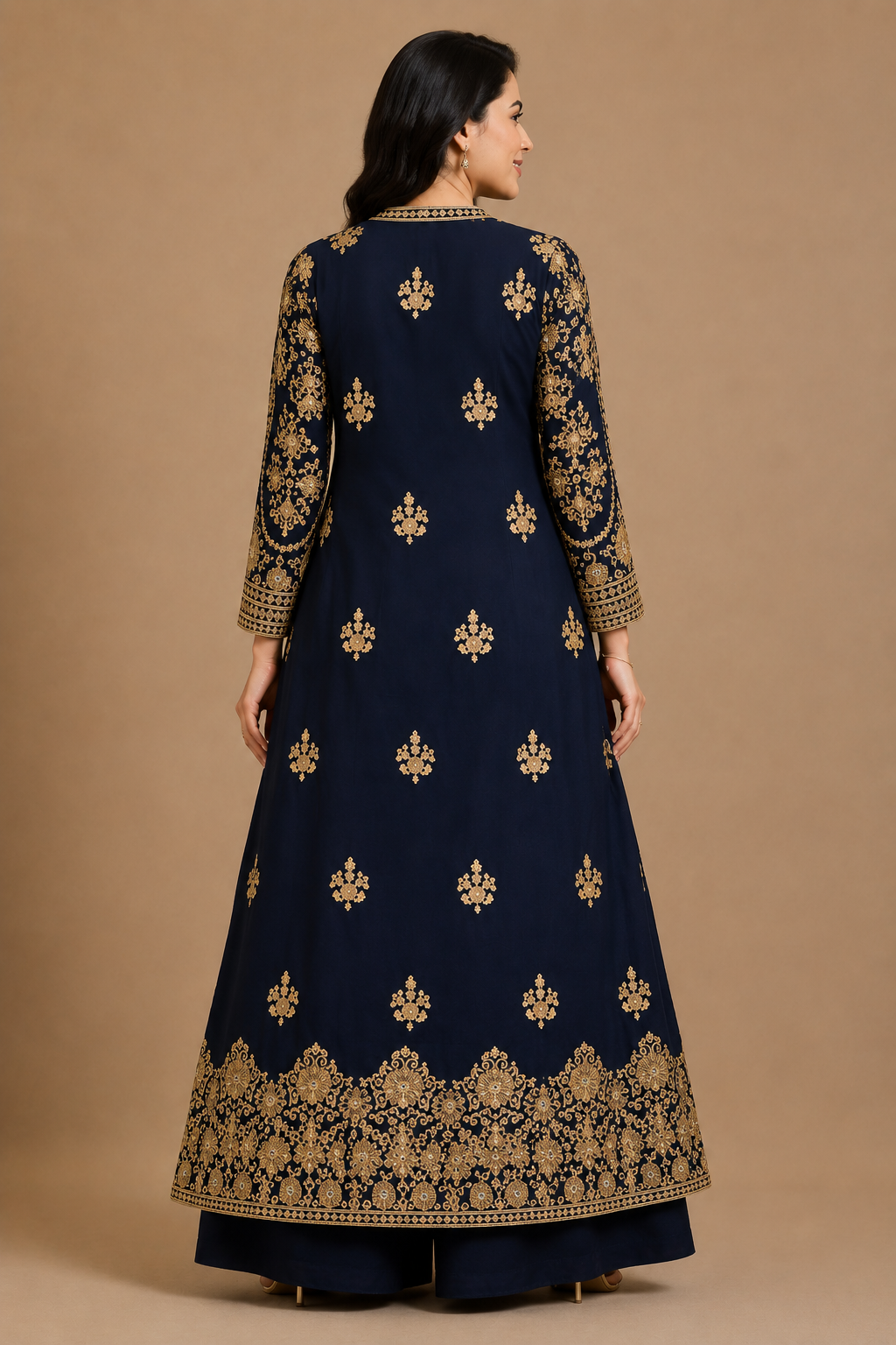 Women's Navy Embroidered Jacket,Palazzo Set