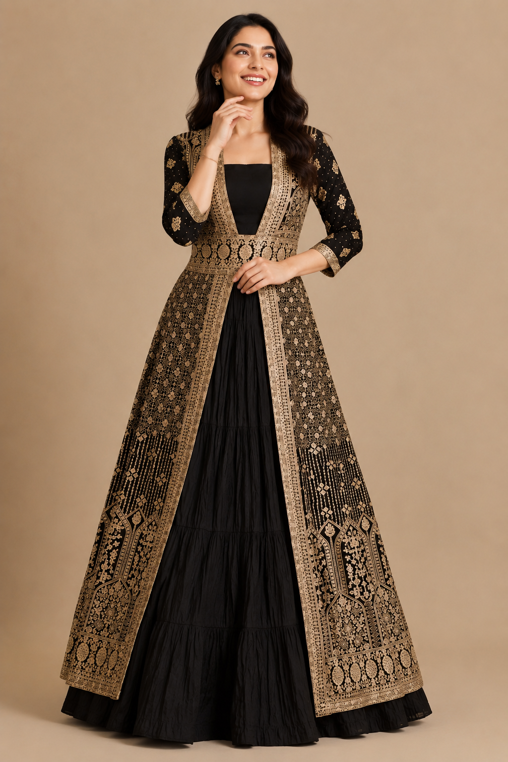 Women's Black Zari and Sequins Embroidered Anarkali Gown with Jacket