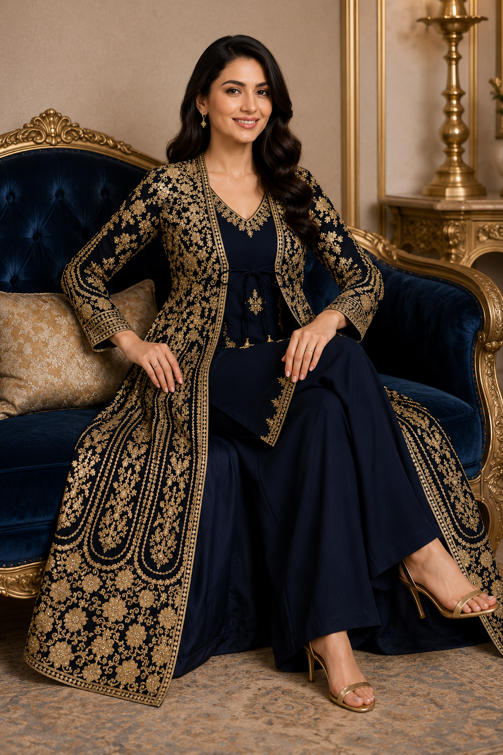 Women's Navy Embroidered Jacket,Palazzo Set