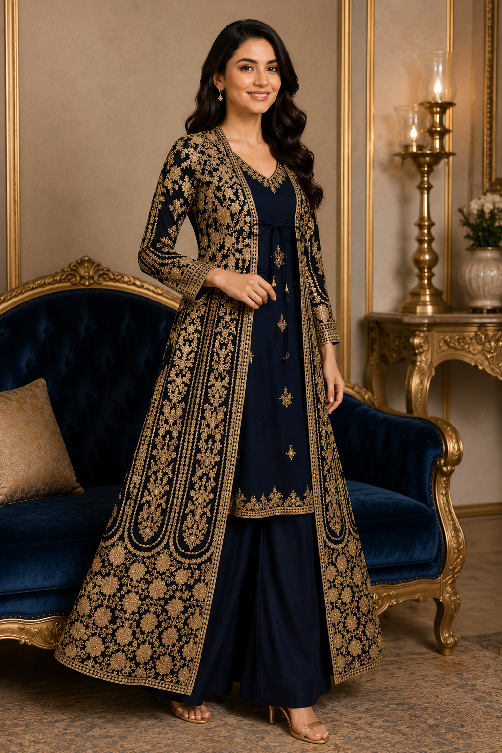 Women's Navy Embroidered Jacket,Palazzo Set