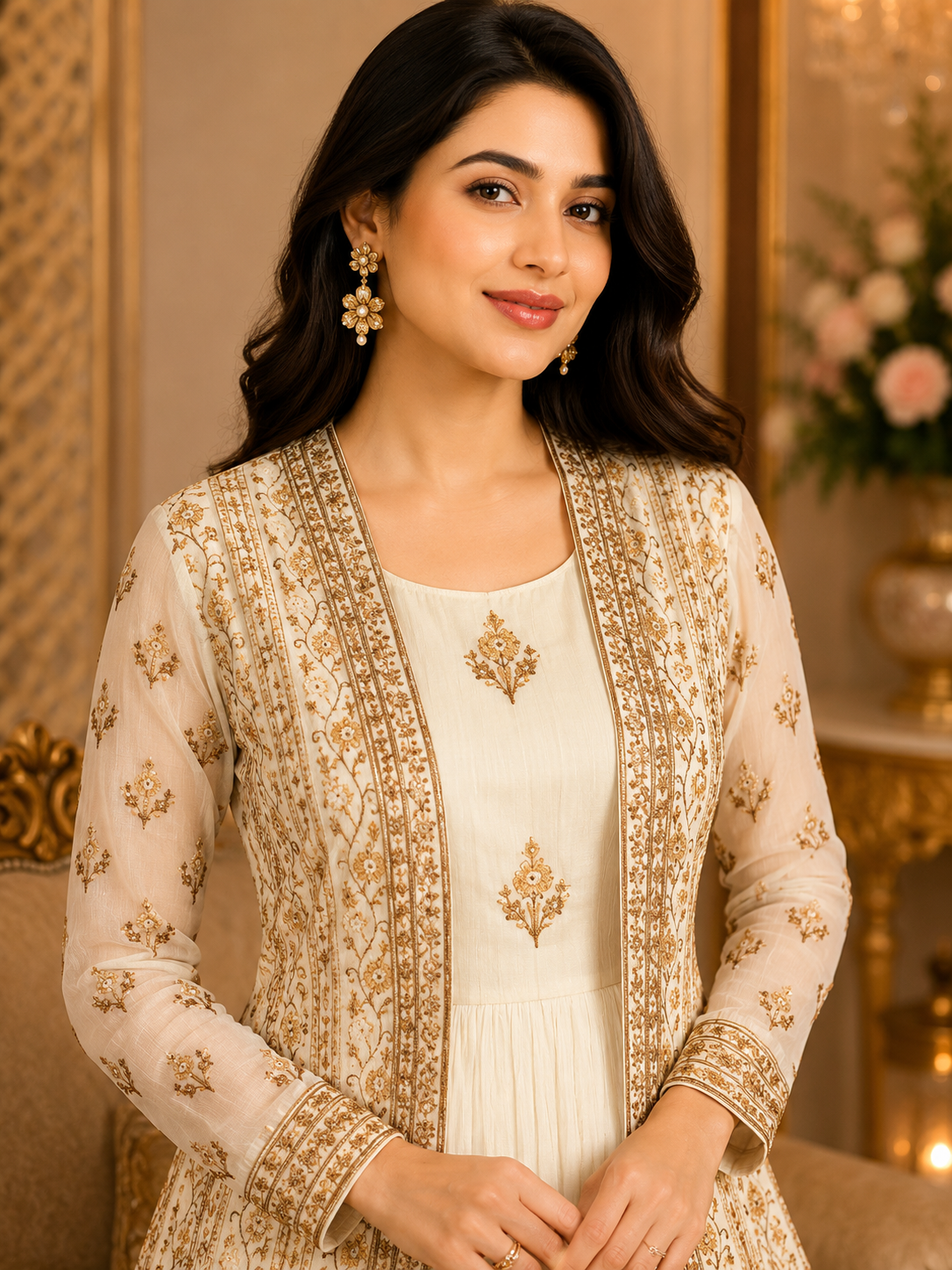 Women's Ivory Zari and Sequins Embroidered Anarkali Gown with Jacket