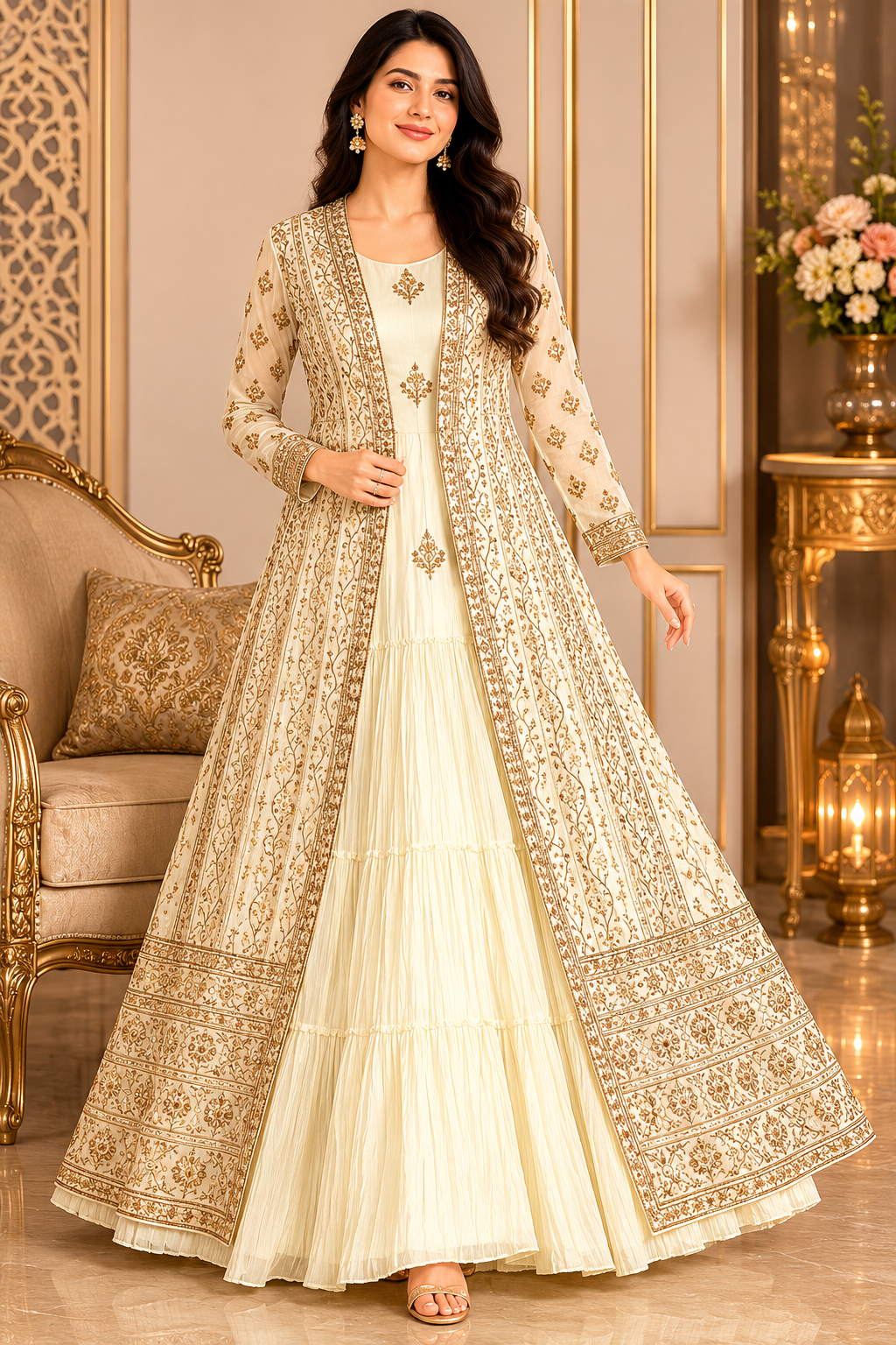 Women's Ivory Zari and Sequins Embroidered Anarkali Gown with Jacket