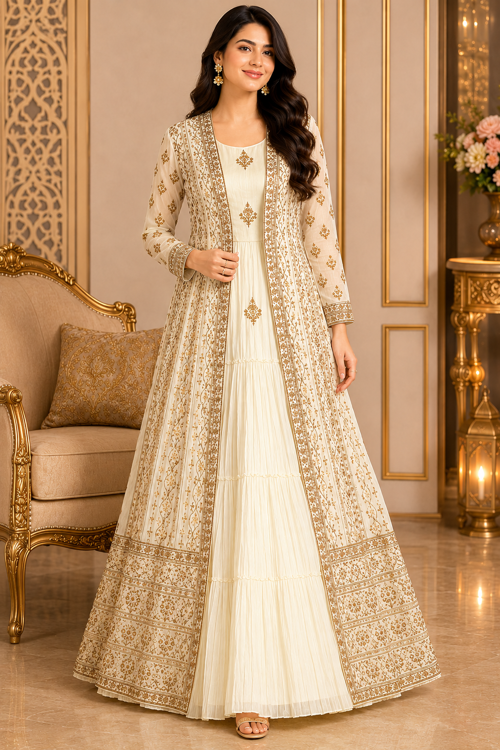 Women's Ivory Zari and Sequins Embroidered Anarkali Gown with Jacket