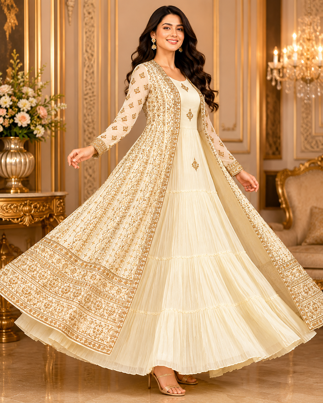 Women's Ivory Zari and Sequins Embroidered Anarkali Gown with Jacket