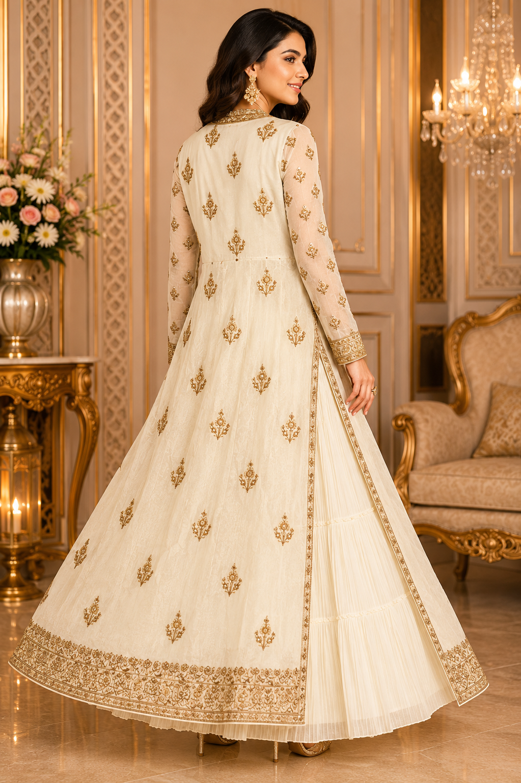 Women's Ivory Zari and Sequins Embroidered Anarkali Gown with Jacket