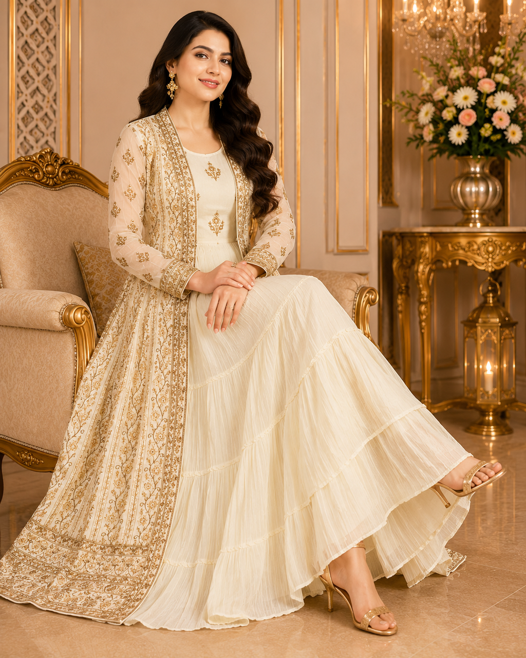Women's Ivory Zari and Sequins Embroidered Anarkali Gown with Jacket