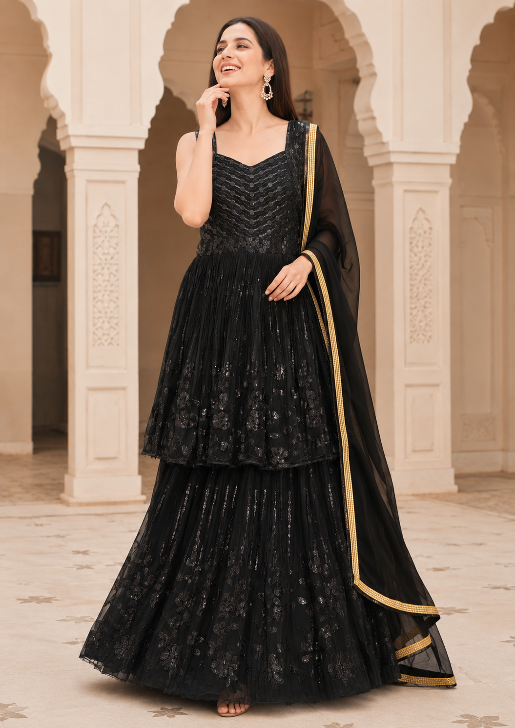 Women's Sequin Embroidered Peplum Kurta Sharara Set with Dupatta