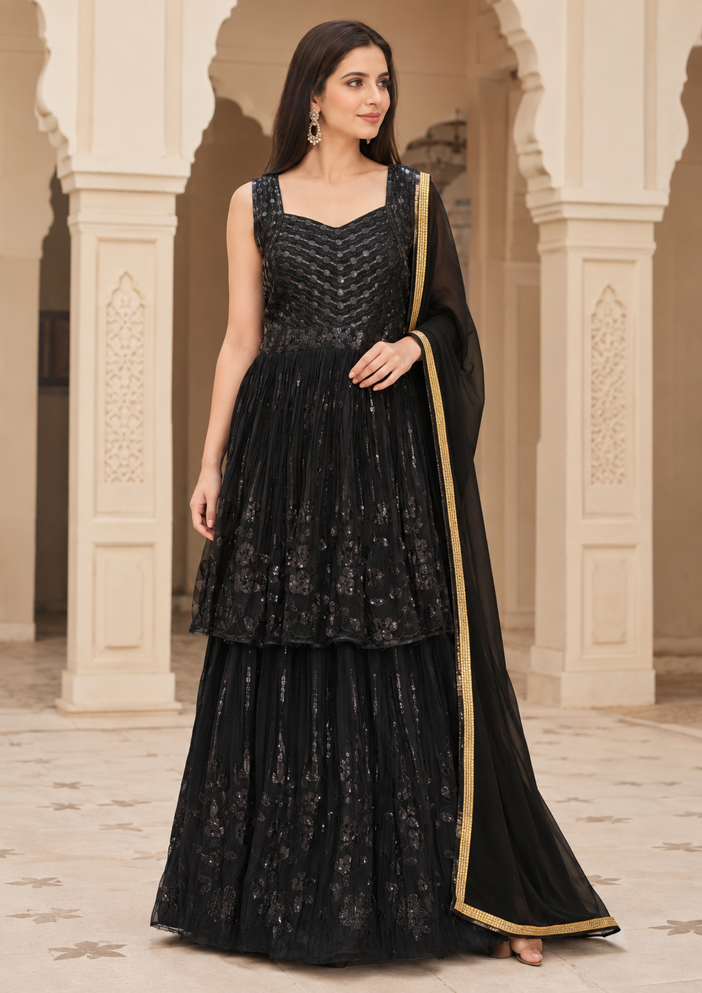 Women's Sequin Embroidered Peplum Kurta Sharara Set with Dupatta