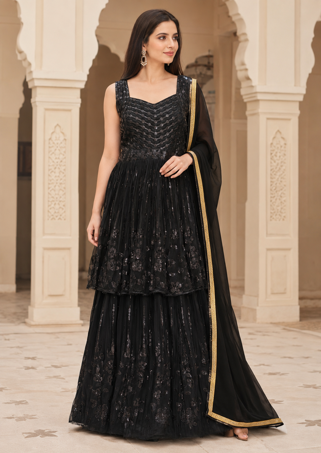 Women's Sequin Embroidered Peplum Kurta Sharara Set with Dupatta