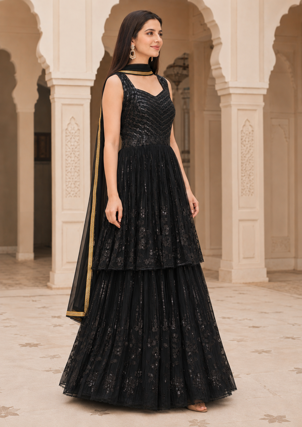 Women's Sequin Embroidered Peplum Kurta Sharara Set with Dupatta