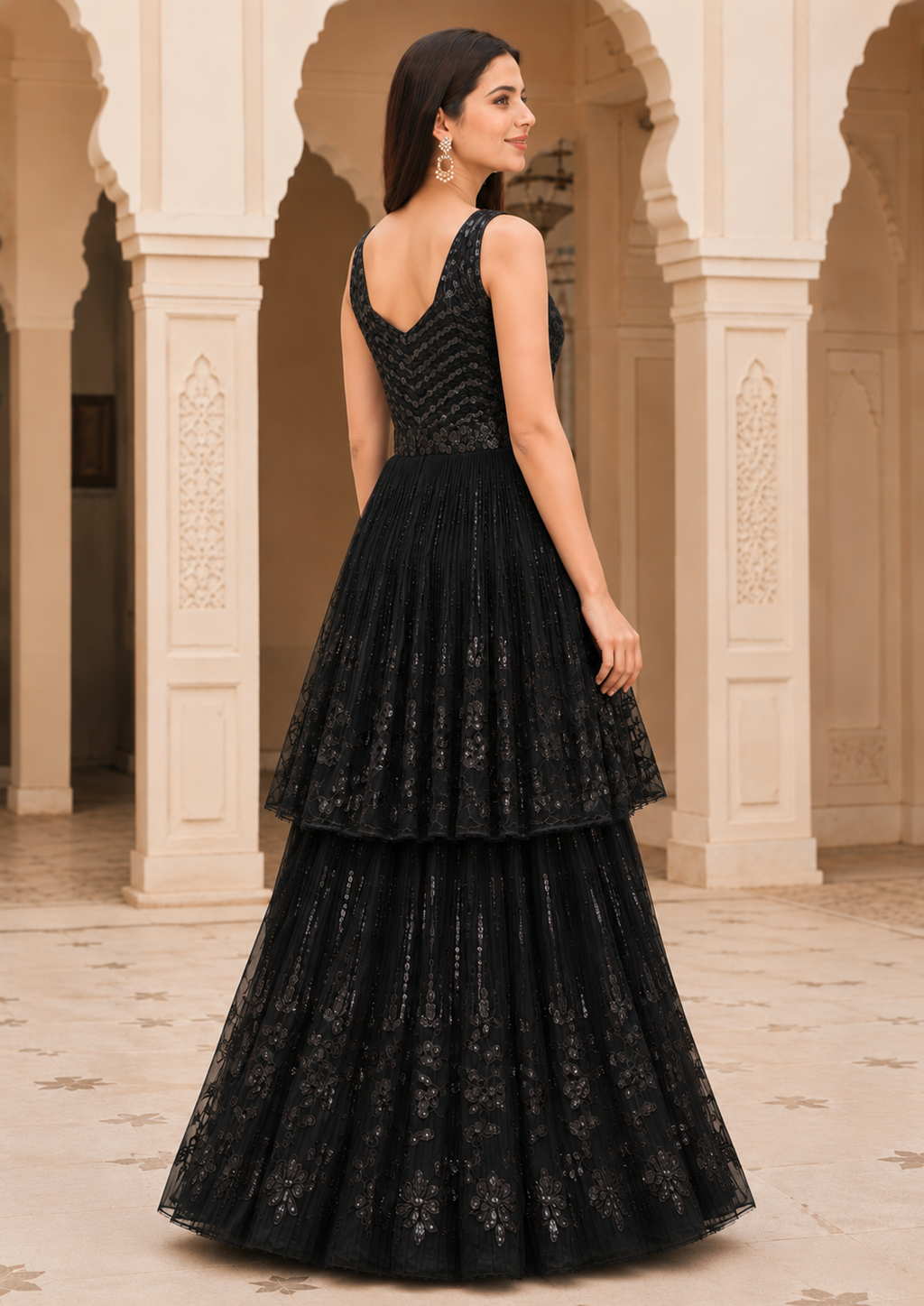 Women's Sequin Embroidered Peplum Kurta Sharara Set with Dupatta