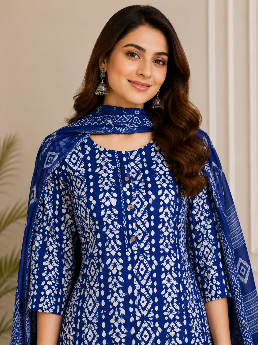 Women's Royal Blue Bandhani Printed Kurta Pant & Dupatta Set