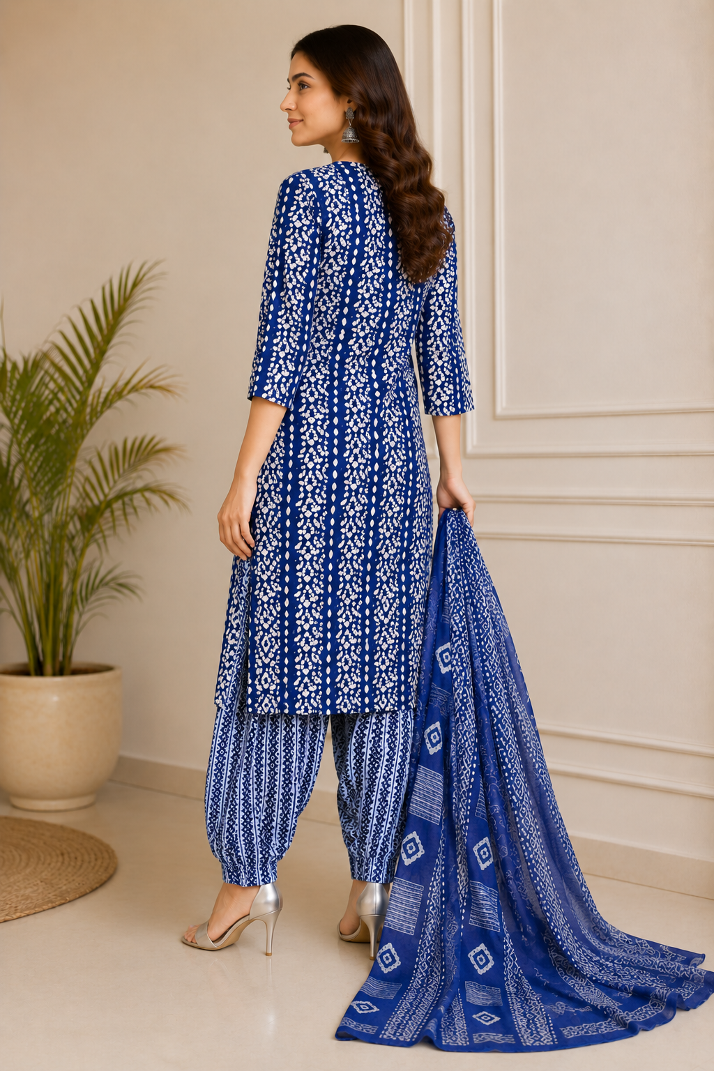 Women's Royal Blue Bandhani Printed Kurta Pant & Dupatta Set