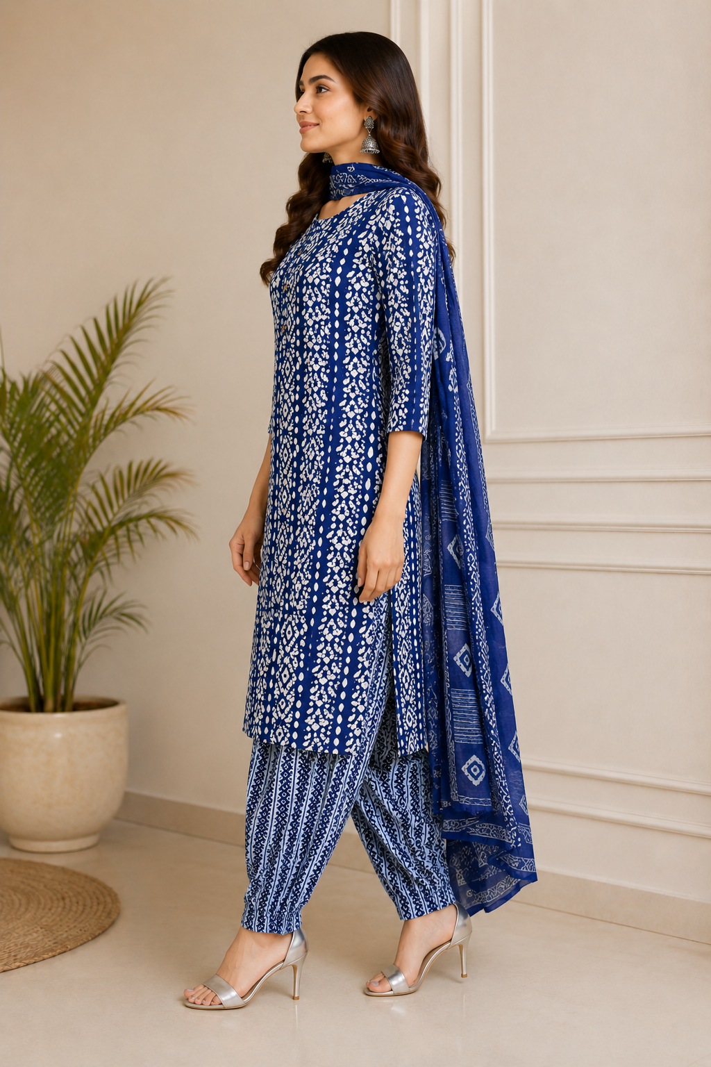 Women's Royal Blue Bandhani Printed Kurta Pant & Dupatta Set