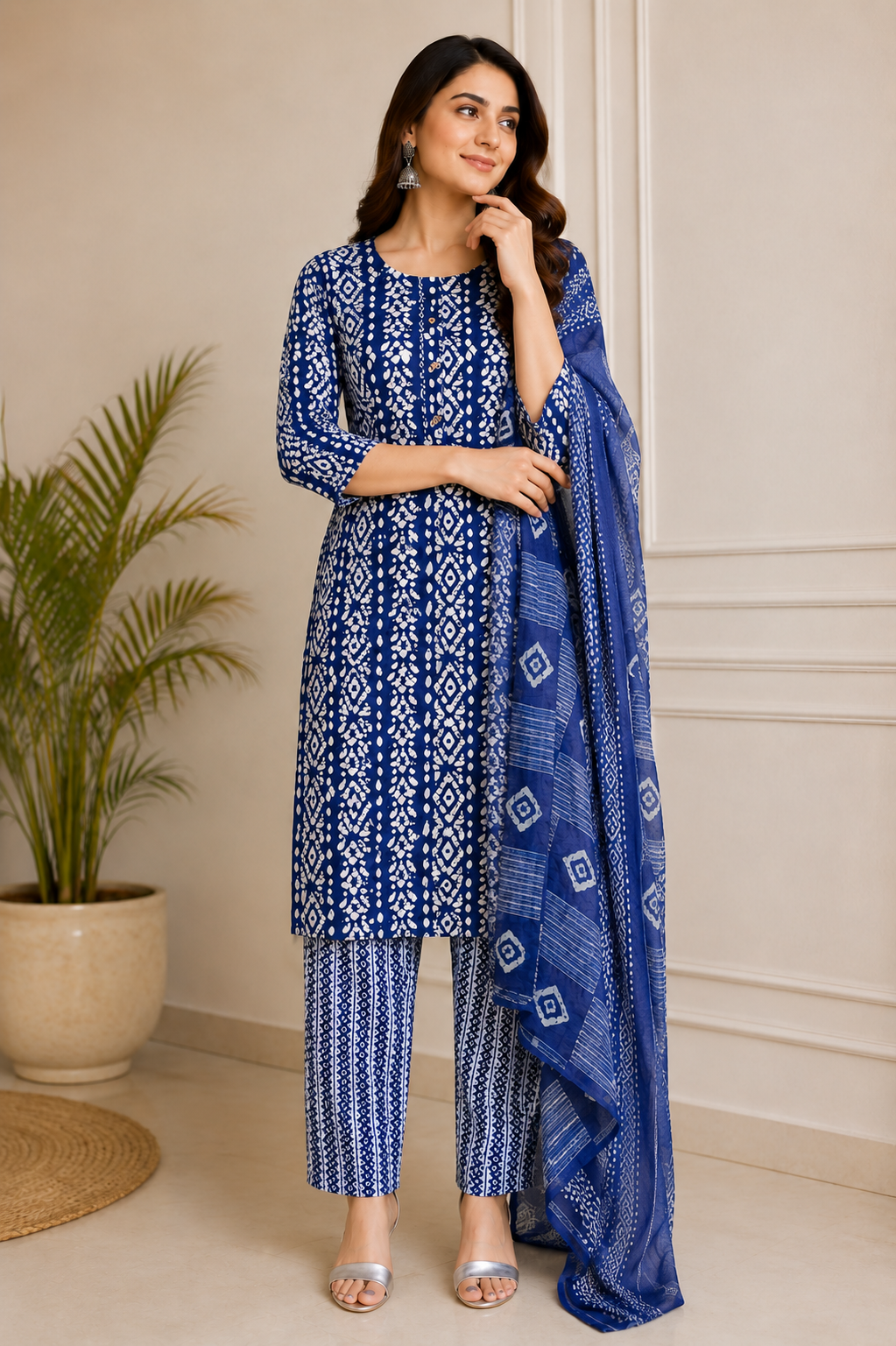 Women's Royal Blue Bandhani Printed Kurta Pant & Dupatta Set