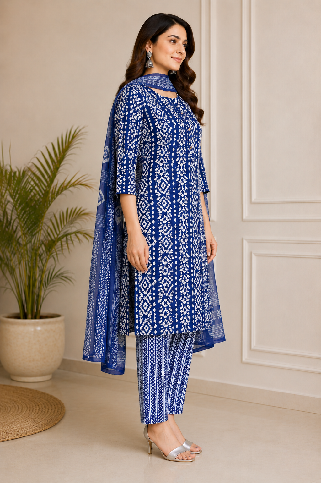 Women's Royal Blue Bandhani Printed Kurta Pant & Dupatta Set