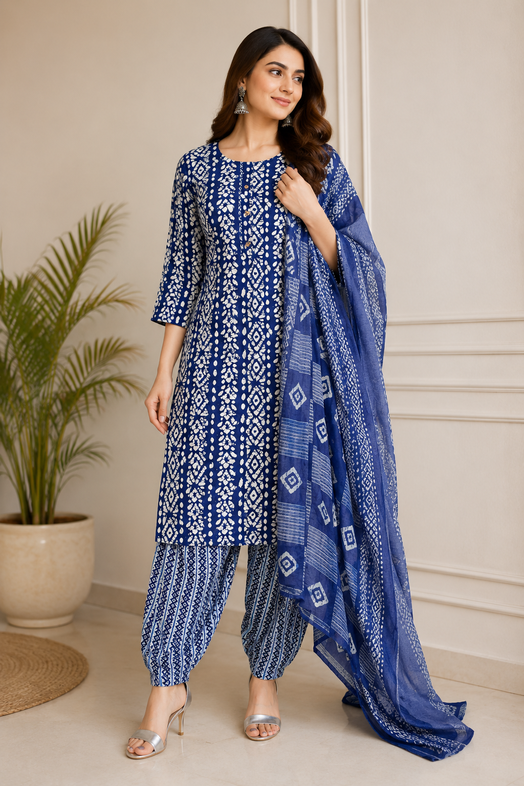 Women's Royal Blue Bandhani Printed Kurta Pant & Dupatta Set