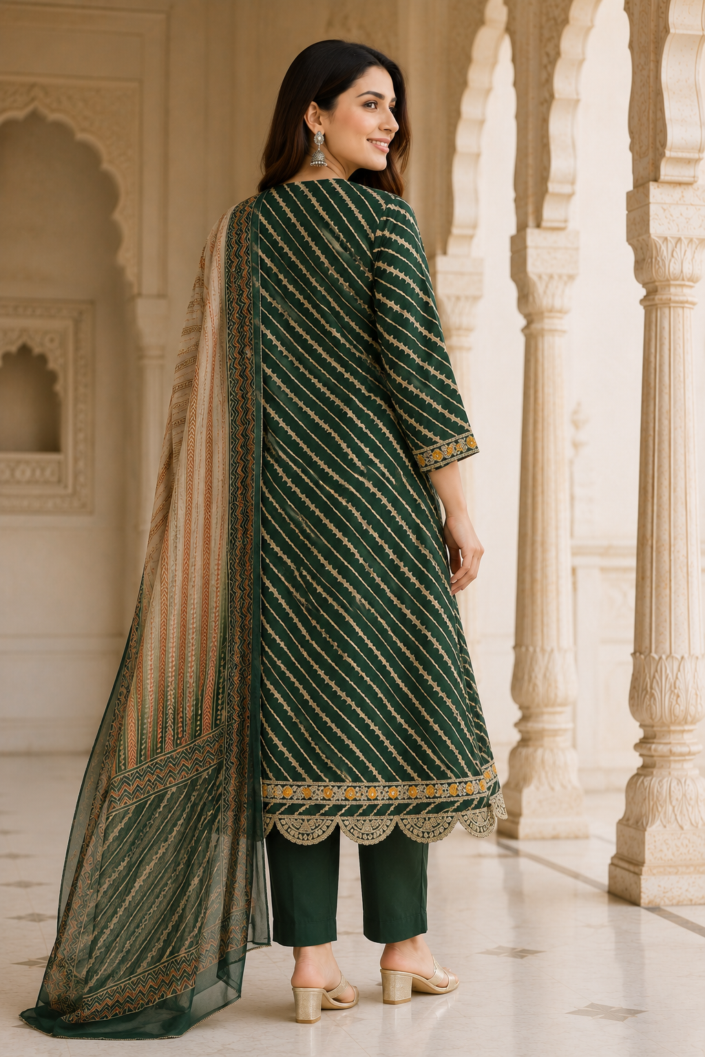 Women's Emerald Green Leheriya Printed Kurta Pant & Dupatta Set