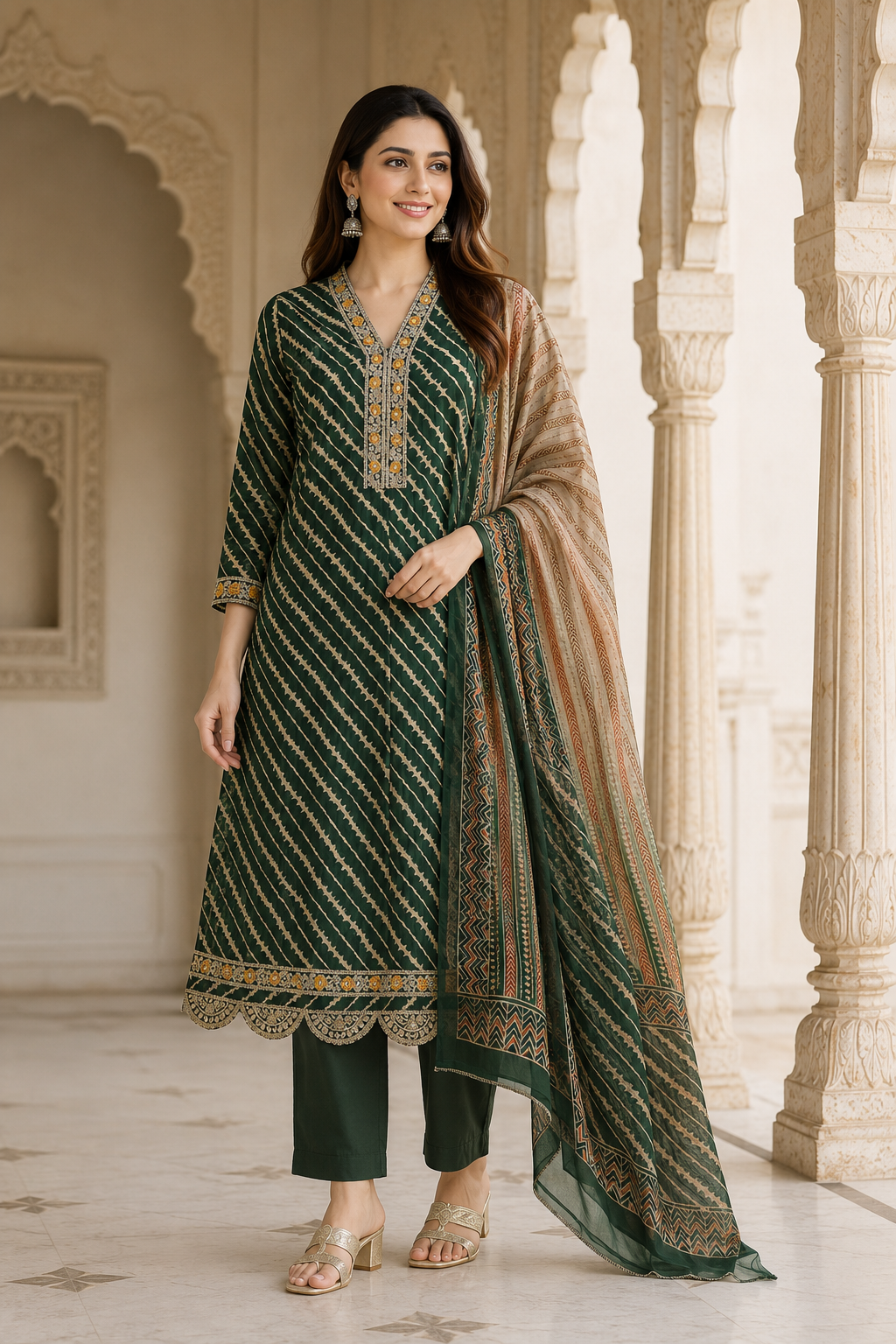 Women's Emerald Green Leheriya Printed Kurta Pant & Dupatta Set