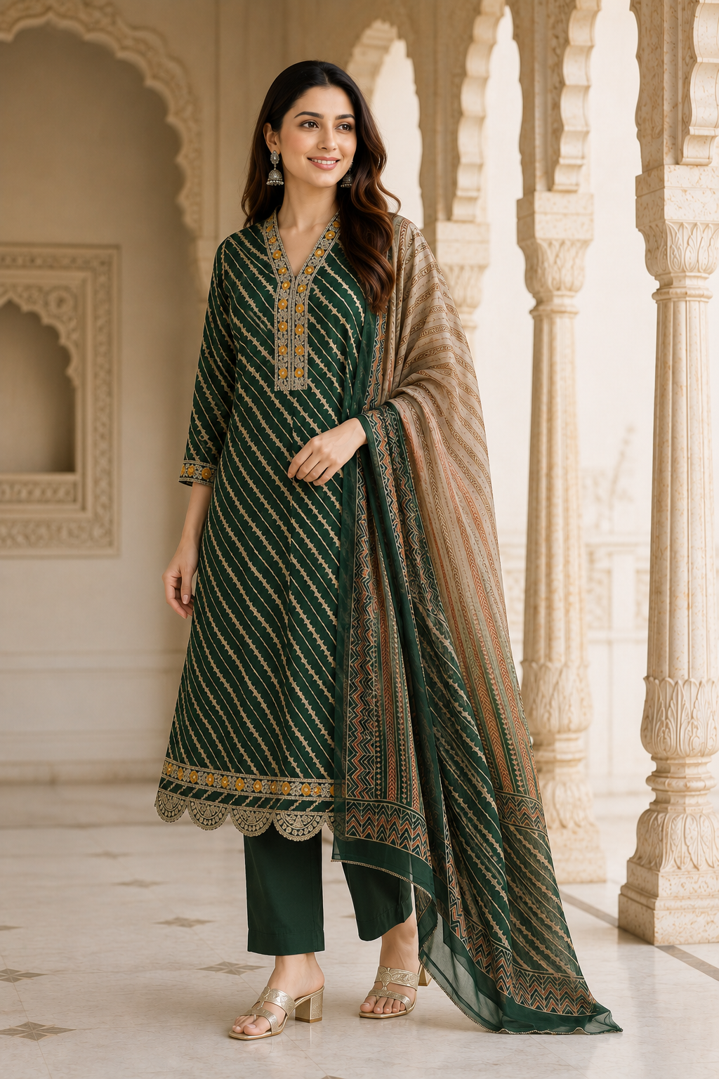 Women's Emerald Green Leheriya Printed Kurta Pant & Dupatta Set