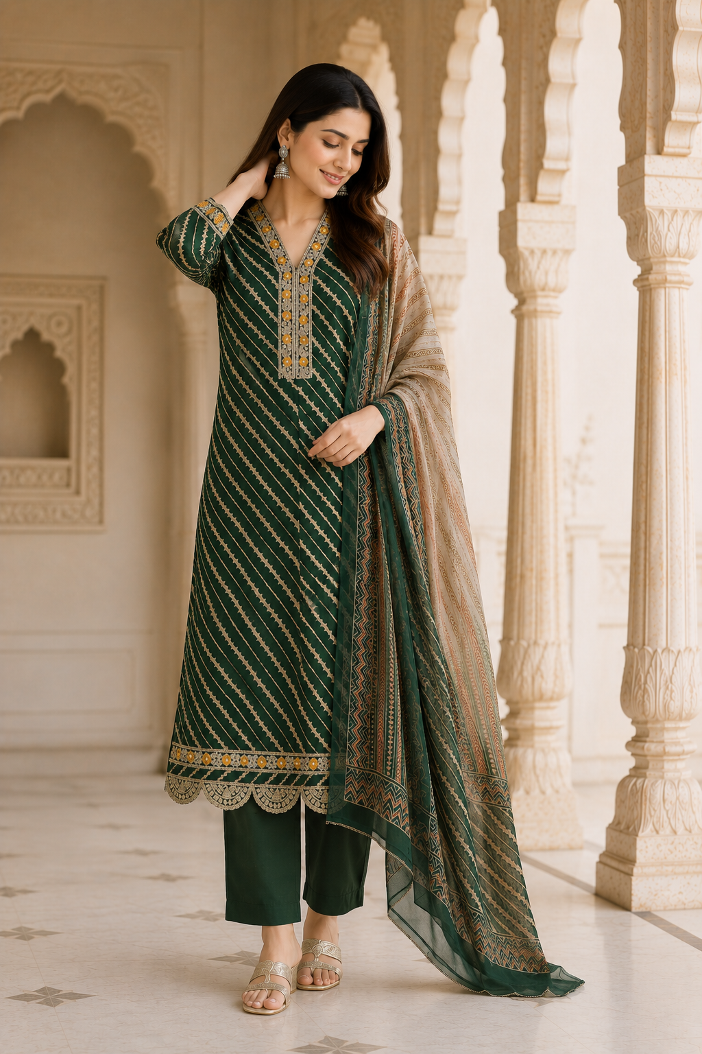 Women's Emerald Green Leheriya Printed Kurta Pant & Dupatta Set