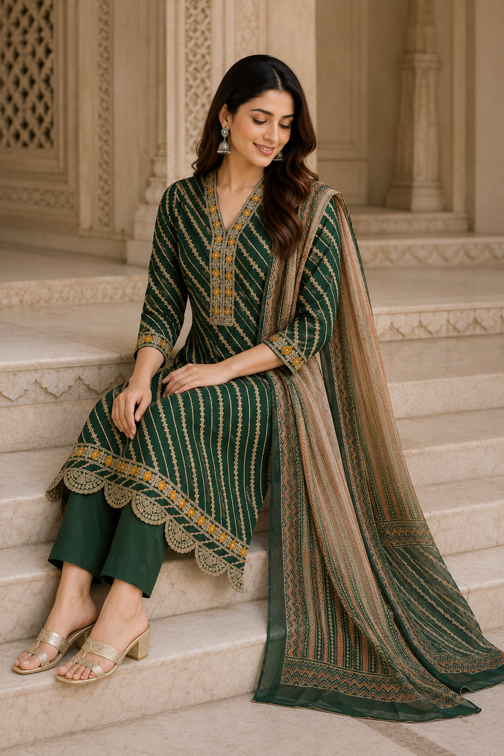Women's Emerald Green Leheriya Printed Kurta Pant & Dupatta Set