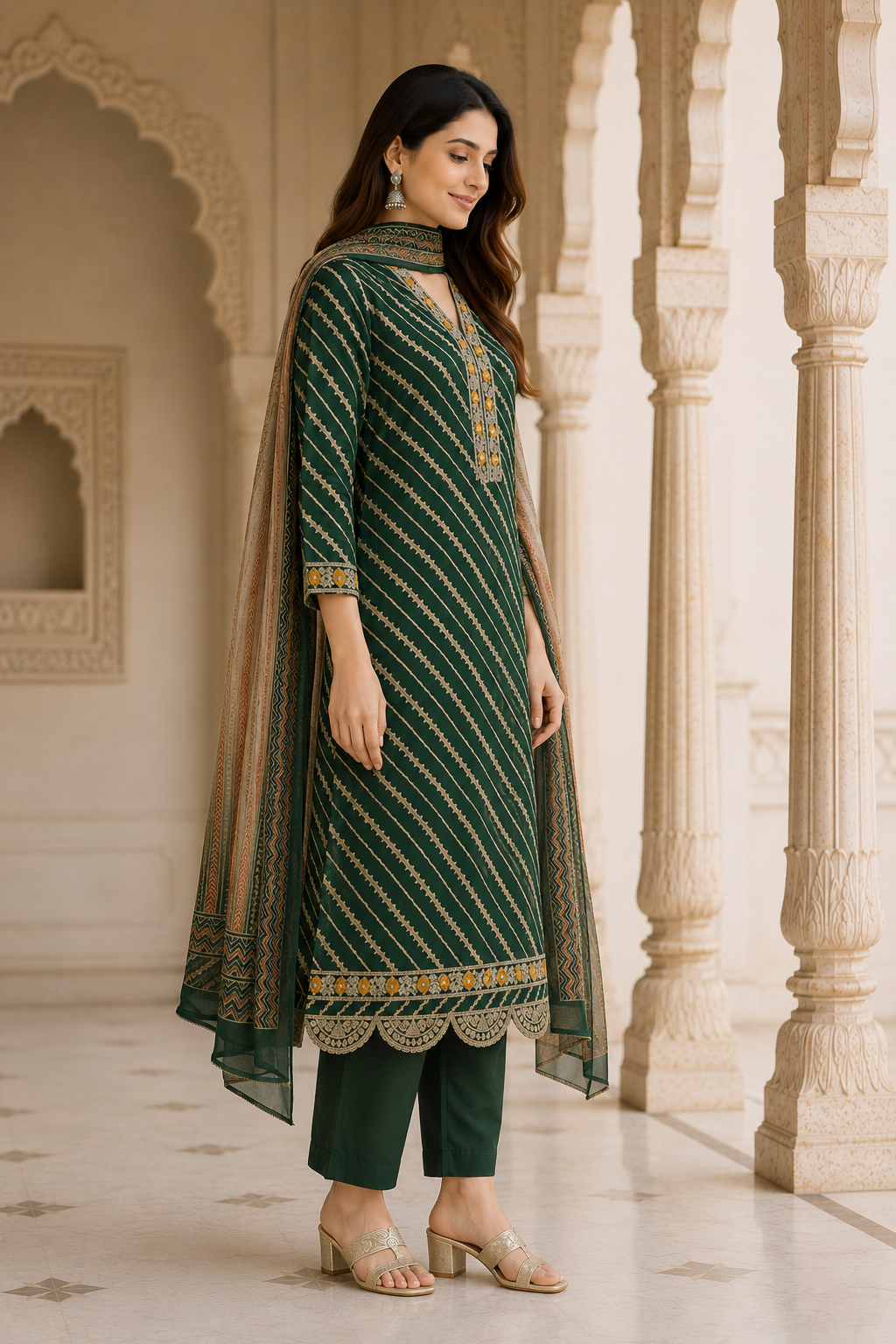 Women's Emerald Green Leheriya Printed Kurta Pant & Dupatta Set