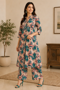 Women's Beige Floral Printed Kurta Pant Set