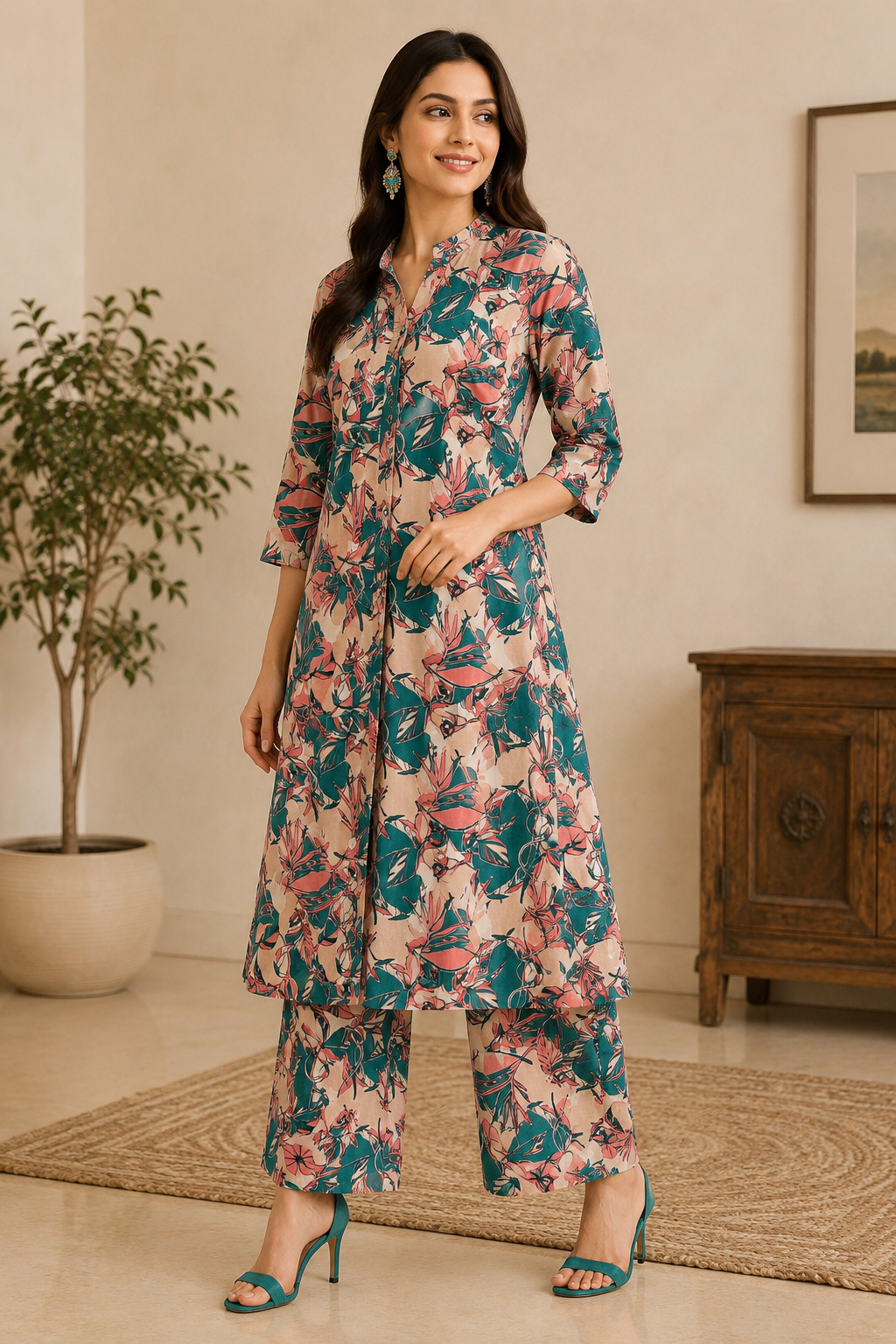Women's Beige Floral Printed Kurta Pant Set