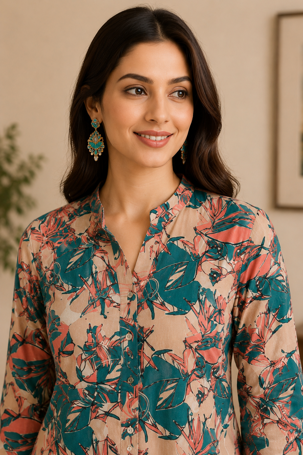 Women's Beige Floral Printed Kurta Pant Set