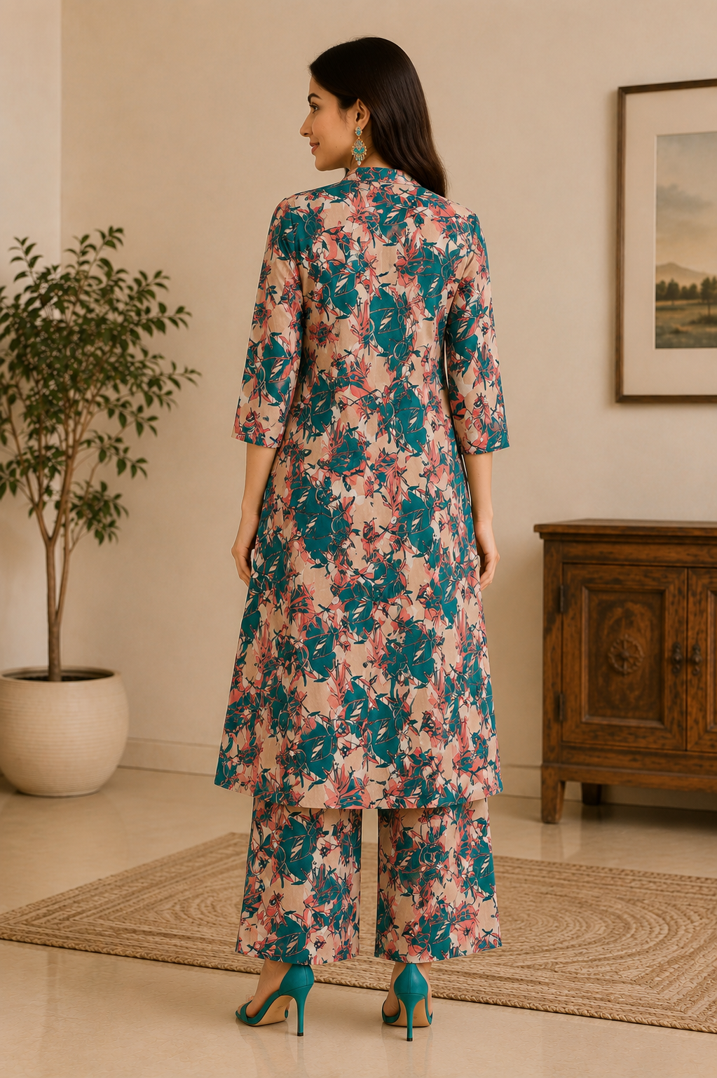 Women's Beige Floral Printed Kurta Pant Set