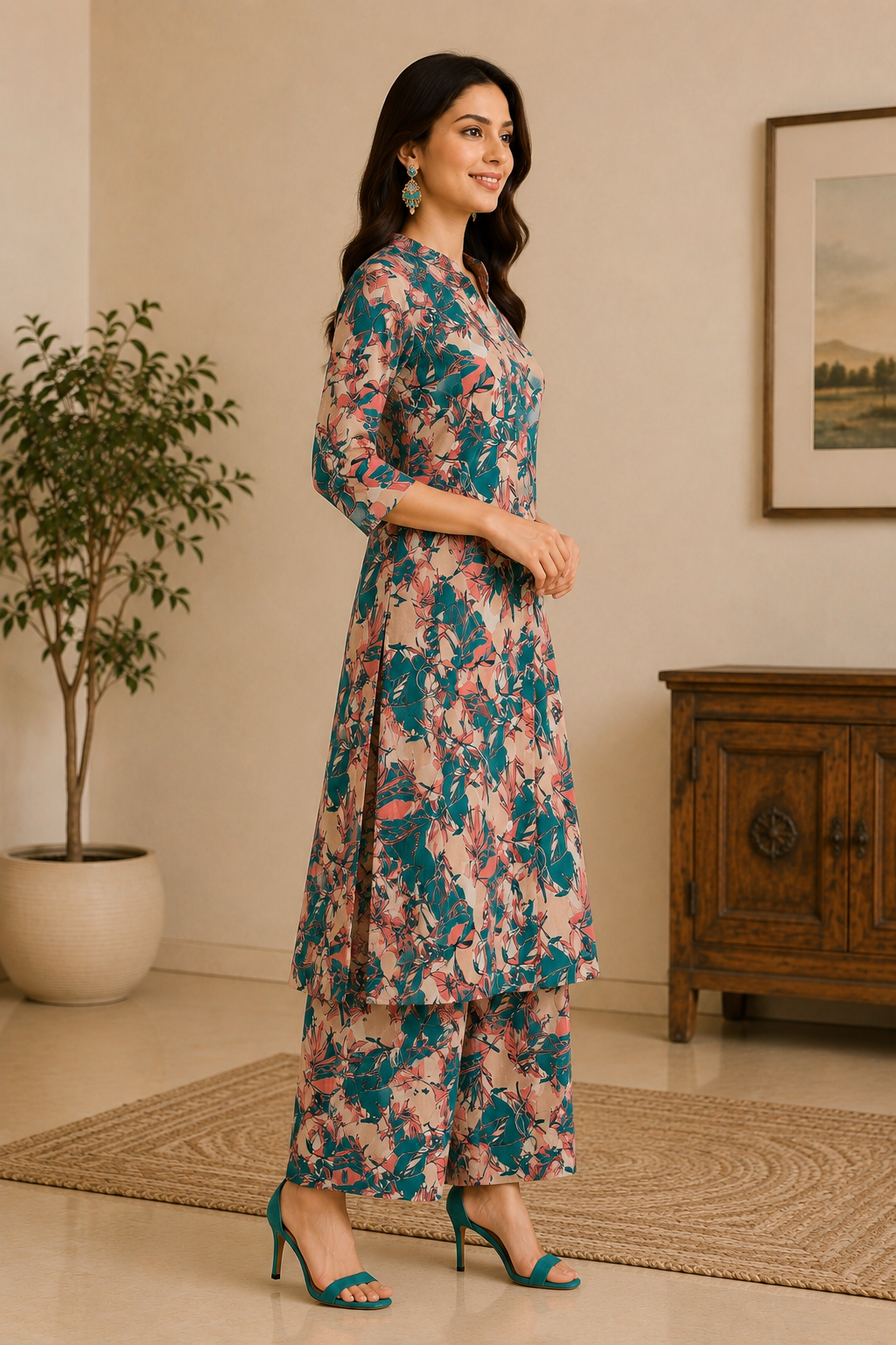 Women's Beige Floral Printed Kurta Pant Set