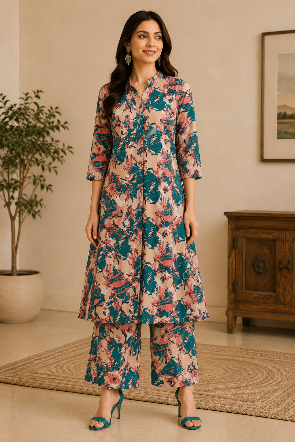 Women's Beige Floral Printed Kurta Pant Set