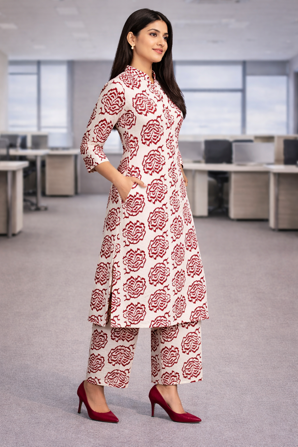 Women's Off-White & Maroon Floral Printed Kurta Pant Set