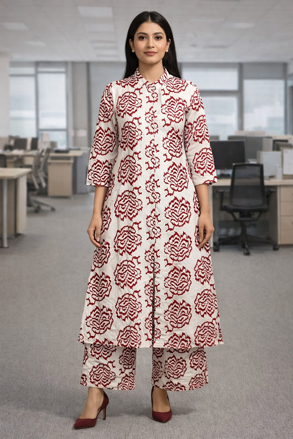 Women's Off-White & Maroon Floral Printed Kurta Pant Set