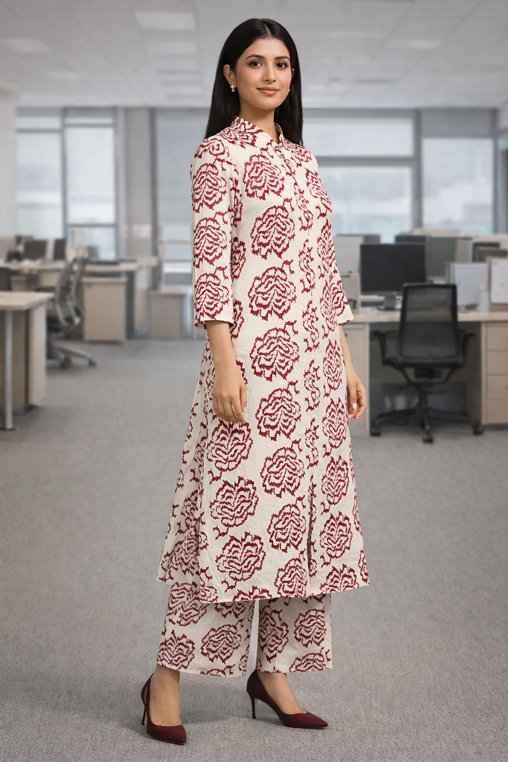 Women's Off-White & Maroon Floral Printed Kurta Pant Set