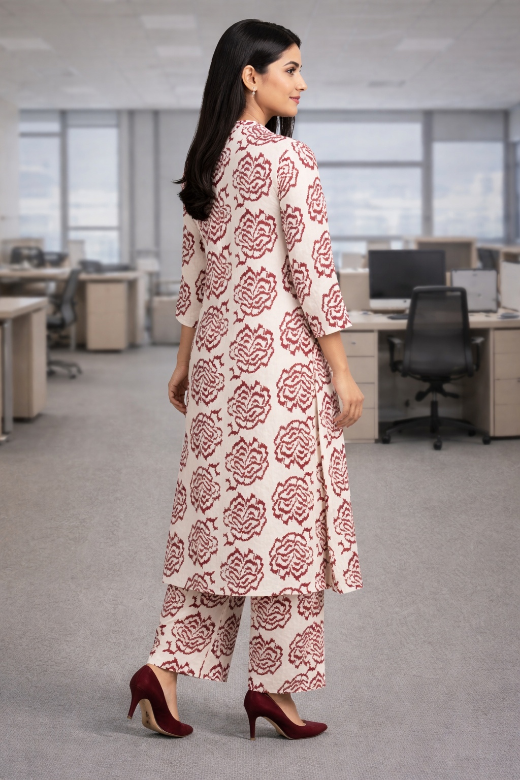 Women's Off-White & Maroon Floral Printed Kurta Pant Set