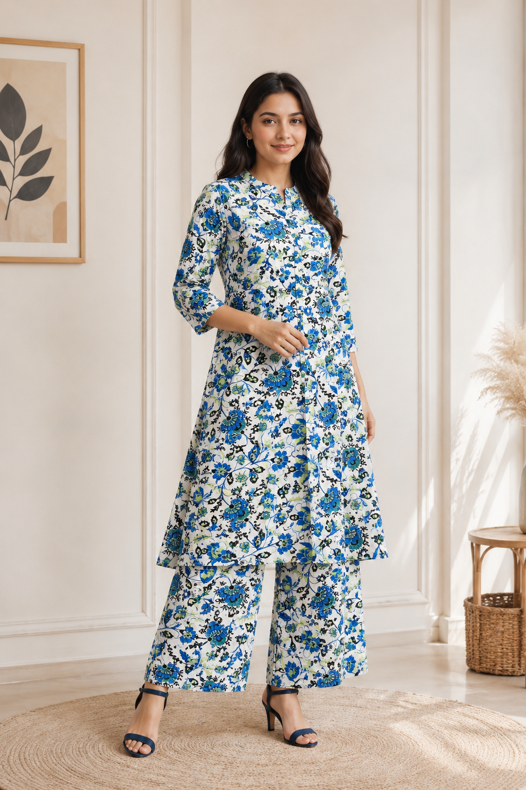 Women's White & Blue Floral Printed Kurta Pant Set
