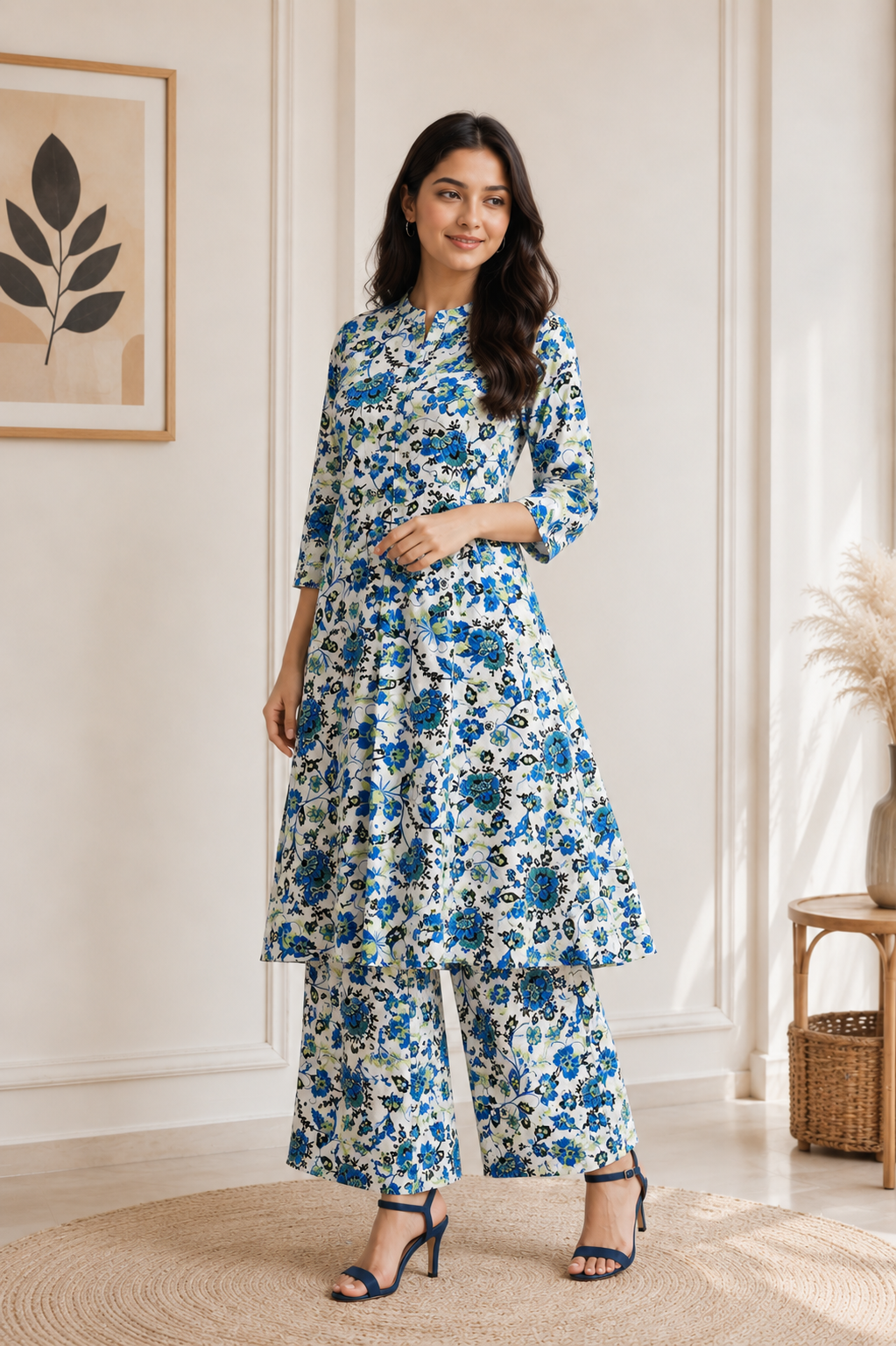 Women's White & Blue Floral Printed Kurta Pant Set