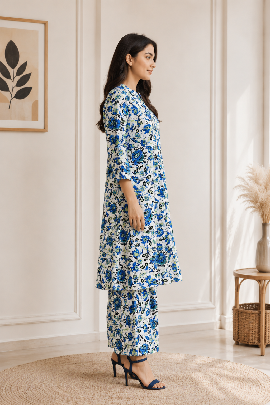 Women's White & Blue Floral Printed Kurta Pant Set