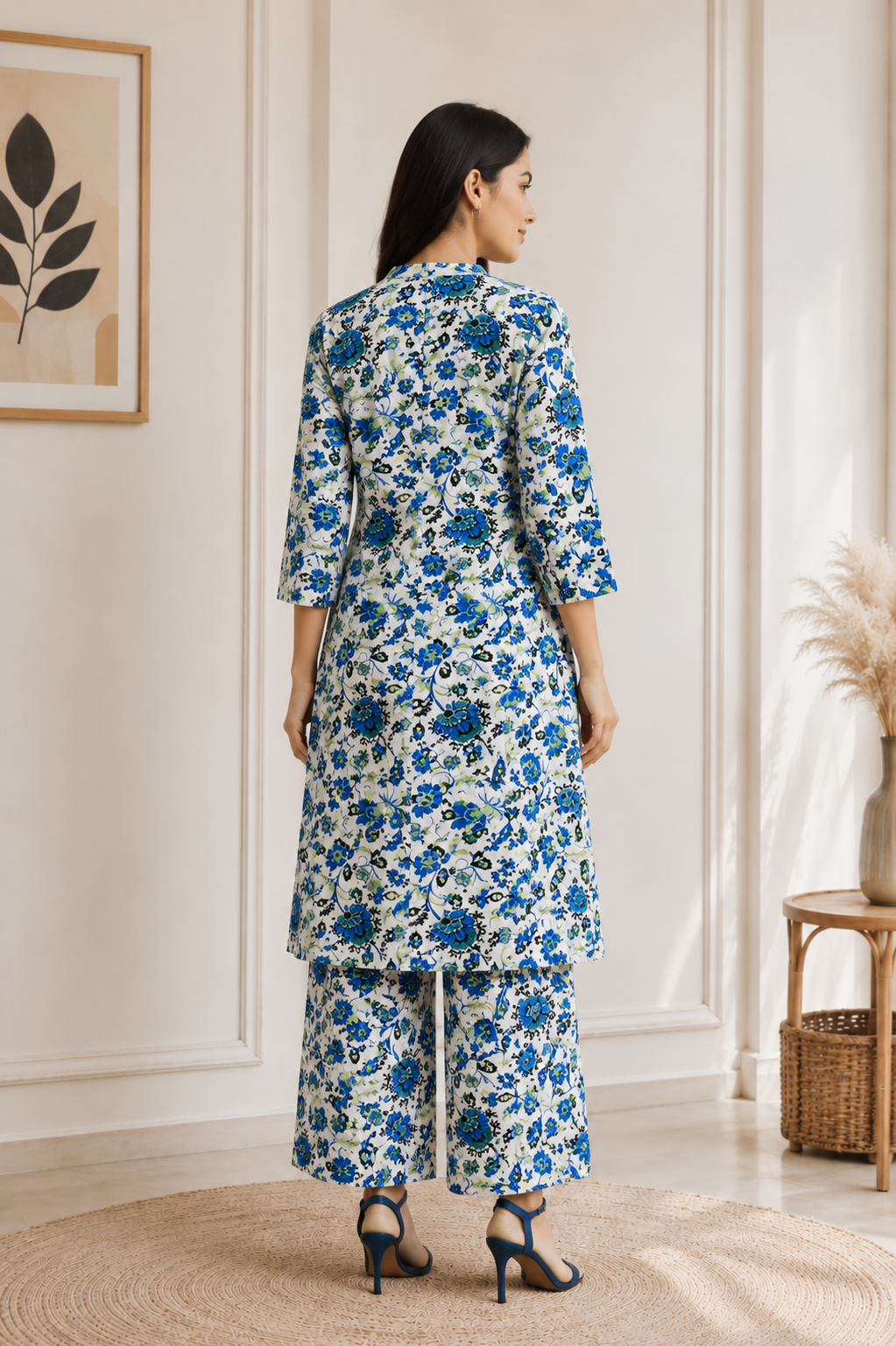 Women's White & Blue Floral Printed Kurta Pant Set