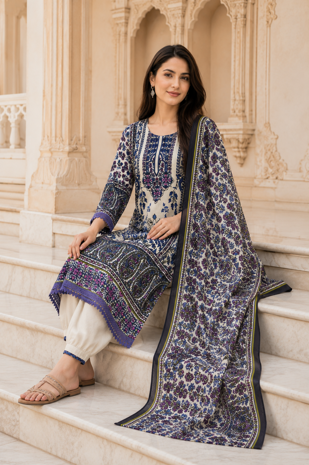 Women's Persian Floral Printed Kurta Set with Dupatta