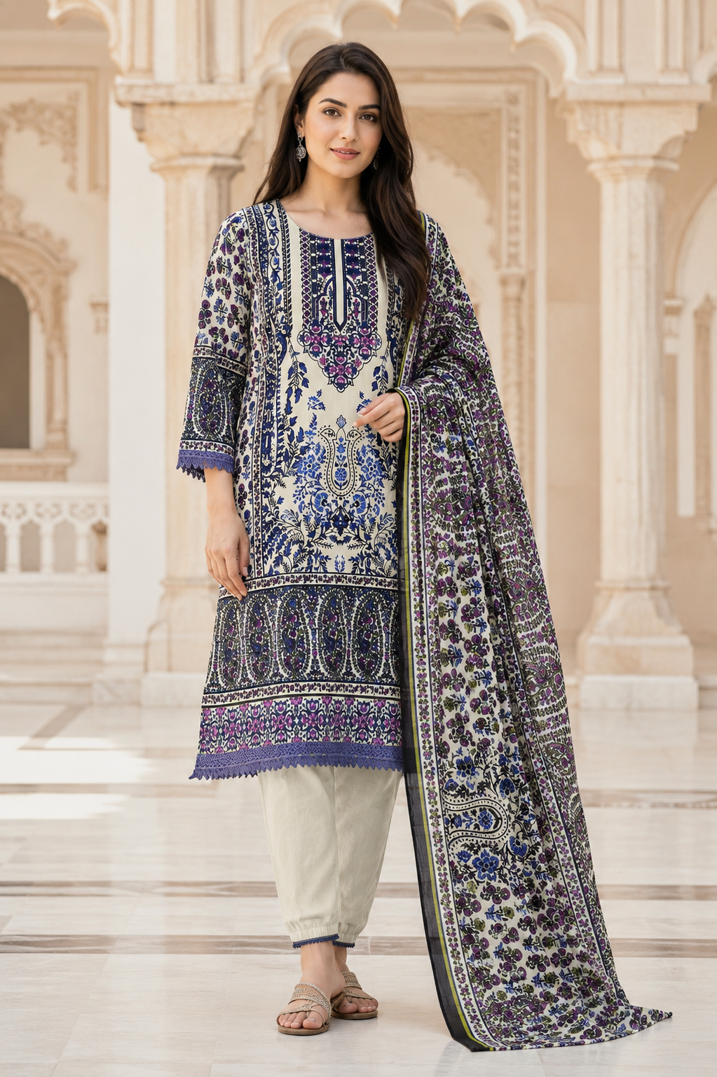 Women's Persian Floral Printed Kurta Set with Dupatta