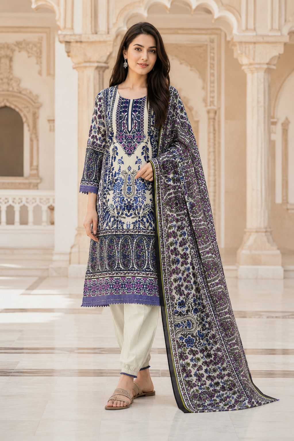Women's Persian Floral Printed Kurta Set with Dupatta