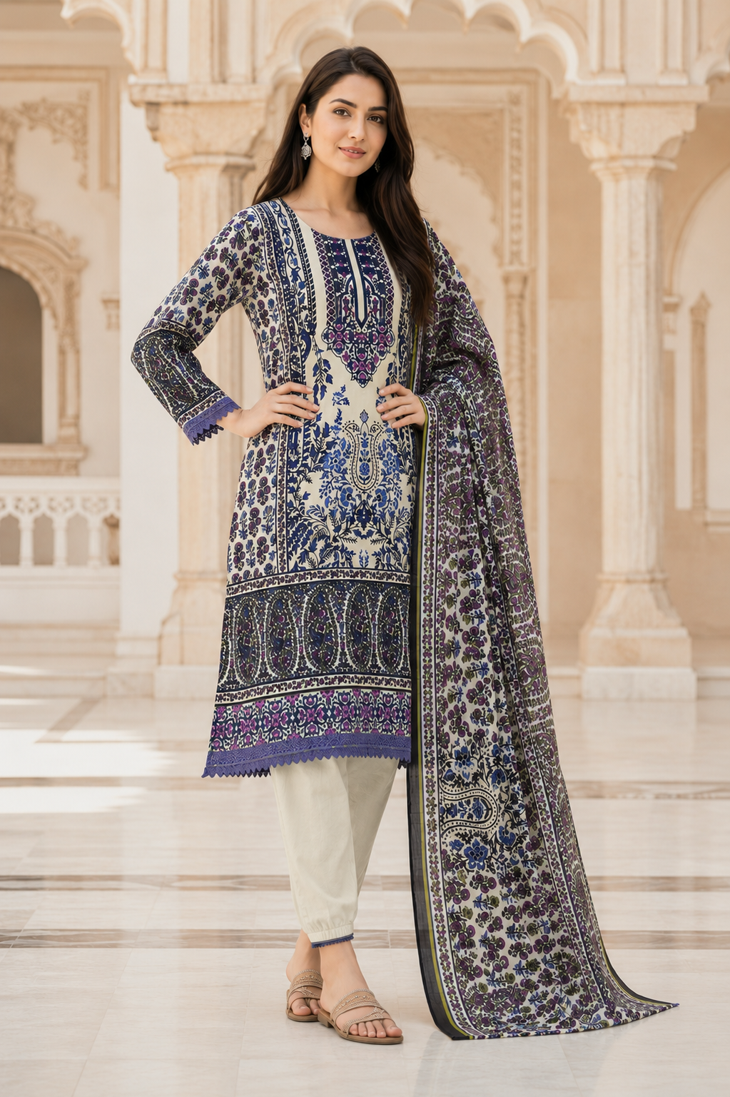 Women's Persian Floral Printed Kurta Set with Dupatta