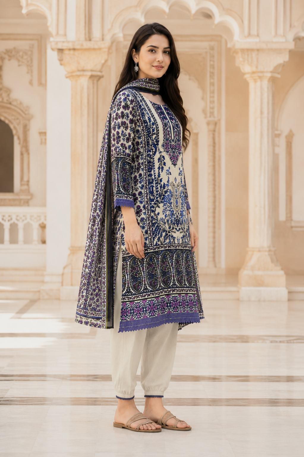 Women's Persian Floral Printed Kurta Set with Dupatta
